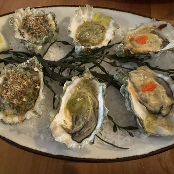 The Shuckery - Half dozen baked oysters. From left to right rockefeller. poblano. miso butter - Seafood Near Me - Petaluma, California The Shuckery - Half dozen baked oysters. From left to right rockefeller. poblano. miso butter - Seafood Near Me - Petaluma, California
