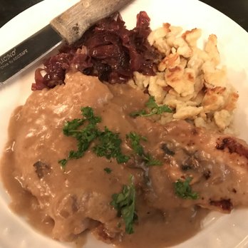 The Haus Bistro - Jäeger Schnitzel with a creamy mushroom & onion sauce. Served with spaetzle & red cabbage. - Bars Near Me - Calimesa, California The Haus Bistro - Jäeger Schnitzel with a creamy mushroom & onion sauce. Served with spaetzle & red cabbage. - Bars Near Me - Calimesa, California