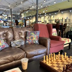 Comfy seating and chess board at Olive's!