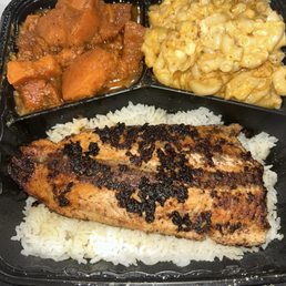Jerk salmon, rice, yams, Mac and cheese
