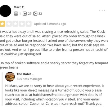 Habit Burger & Grill - recurring theme with poor customer service and poor management - Salad Near Me - Campbell, California Habit Burger & Grill - recurring theme with poor customer service and poor management - Salad Near Me - Campbell, California