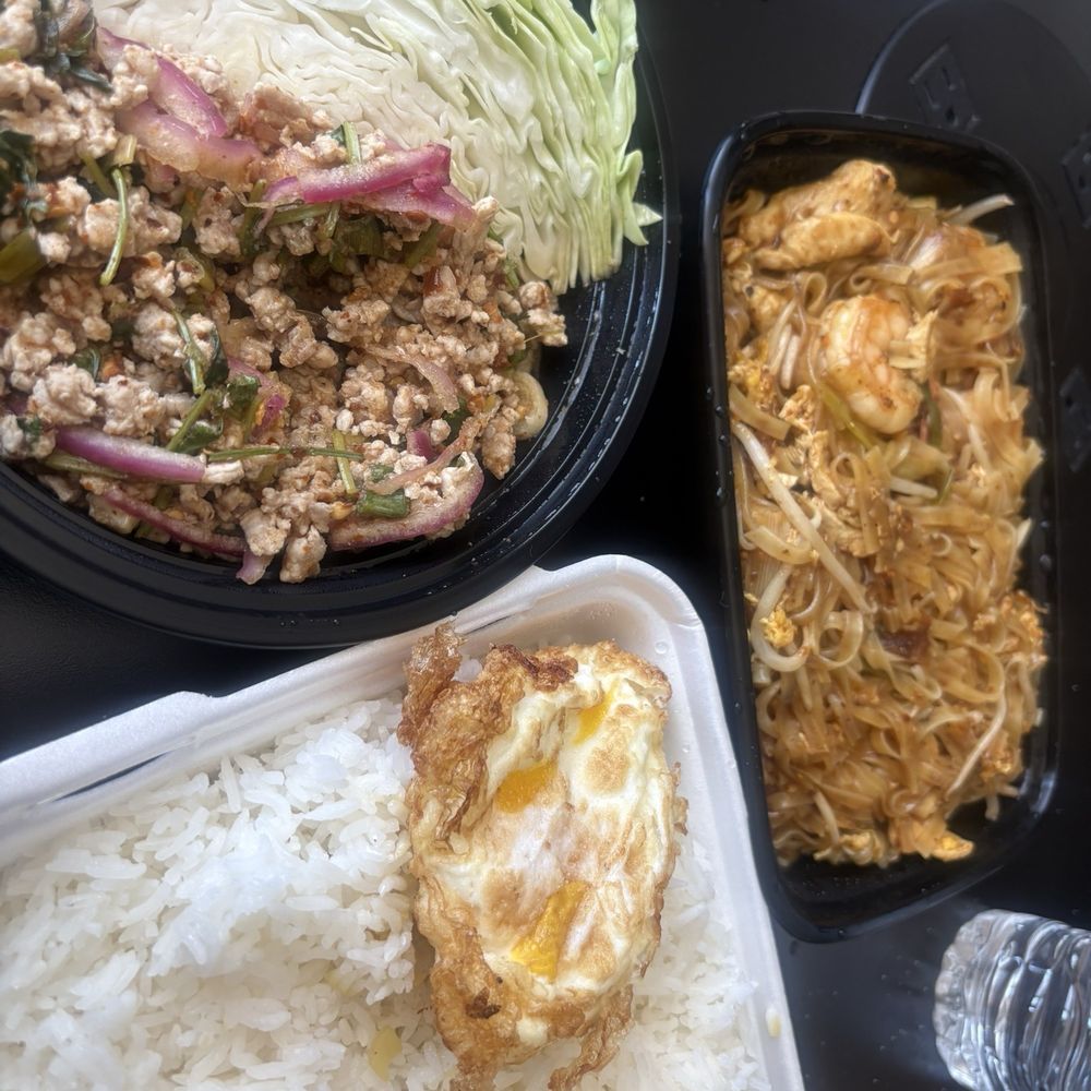 Larb pork, fried eggs,pad thai Larb pork, fried eggs,pad thai