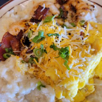 Mountain West Eatery - Shrimp and bacon bit grits with scrambled eggs. - American Near Me - Las Vegas, Nevada Mountain West Eatery - Shrimp and bacon bit grits with scrambled eggs. - American Near Me - Las Vegas, Nevada