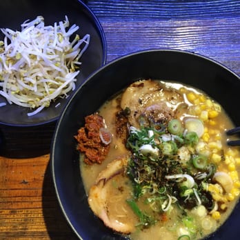 SHIN - Tonkatsu Shoyu with beef fireball, Porkbelly, sweet corn, green onions, bean sprouts, and Zebra garlic sauce - Ramen Near Me - Los Angeles, California SHIN - Tonkatsu Shoyu with beef fireball, Porkbelly, sweet corn, green onions, bean sprouts, and Zebra garlic sauce - Ramen Near Me - Los Angeles, California