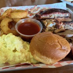 Combo platter with potato salad and onion rings