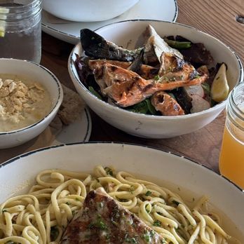 Fish - Clams and linguine, clam chowder, salmon collar, and grilled halibut - Seafood Near Me - Sausalito, California