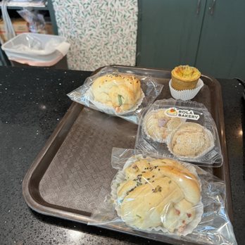 Rola Bakery - My latest haul. Onion bacon bread, taro mochi, and matcha egg tart. - Bakeries Near Me - Newark, California
