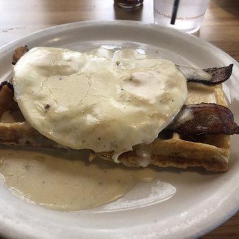 The Peach Cafe - Eggs benedict with waffle and bacon...terrible presentation...taste was meh - New American Near Me - Monrovia, California The Peach Cafe - Eggs benedict with waffle and bacon...terrible presentation...taste was meh - New American Near Me - Monrovia, California