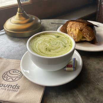 Grounds For Coffee - Oat milk Matcha latte and vegan cheese bun - Coffee & Tea Near Me - Vancouver, British Columbia