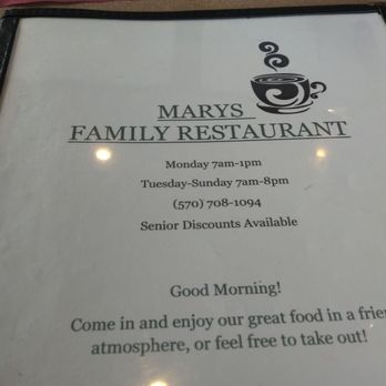 Mary's Family Restaurant - The menu - Breakfast & Brunch Near Me - Drums, Pennsylvania Mary's Family Restaurant - The menu - Breakfast & Brunch Near Me - Drums, Pennsylvania