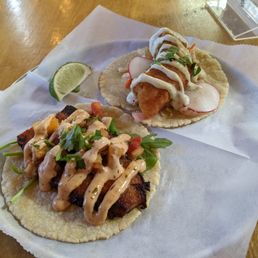 A fish and a pork belly taco--total yum...