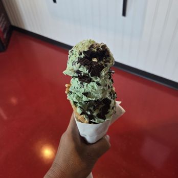 Bruster's Real Ice Cream - Mint chocolate chip in a waffle cone - Desserts Near Me - Scottsdale, Arizona