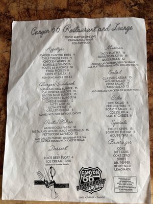 Menu photo 1 Canyon 66 Restaurant and Lounge KINGMAN, AZ
