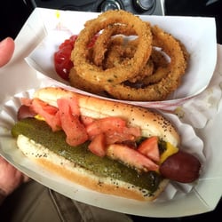 Annie's Burger Town - Jumbo Chicago dog and a side of onion rings.