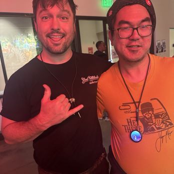 World Cafe Live - Wheelwright and yours truly showing off an e-badge with Wheelwrigjt video clips (Blue Lights, Reckless, Live Forever) - Cafes Near Me - Philadelphia, Pennsylvania