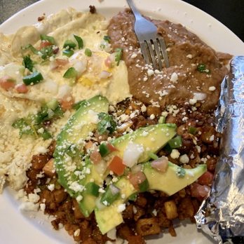 Tarahumaras Mexican Restaurant # 2 - Traditional Breakfast Plate. 2 over-easy eggs, Beans, potatoes with chorizo (so good!), and corn Tortillas. - Breakfast & Brunch Near Me - Kansas City, Kansas