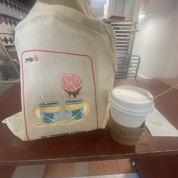 Masa Madre Artisanal Bakery - My yelp tote with goodies and the coffee  I purchased - May 2025 - Bakeries Near Me - Woodside, New York
