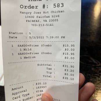 Hangry Joe's Hot Chicken - Ordered two sandwich combos; $35 is a bit pricey for this type of food- also had to wait over 25 mins. - Chicken Shop Near Me - Fairfax, Virginia