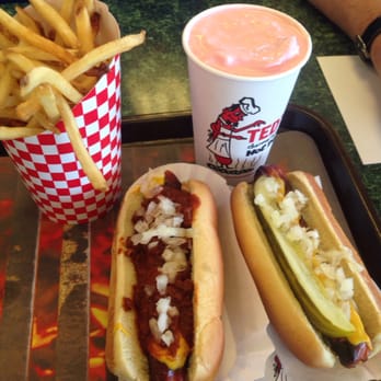 Ted's Hot Dogs - French fries chili dog with mustard pickles and onions and I Loganberry shake - Hot Dogs Near Me - Tempe, Arizona Ted's Hot Dogs - French fries chili dog with mustard pickles and onions and I Loganberry shake - Hot Dogs Near Me - Tempe, Arizona