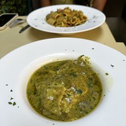 Trattoria da Gigi - Ricotta with spinach ravioli and rigatoni with shrimp, cherry tomatoes and basil.