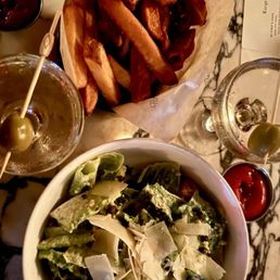 Fries, Caesar salad, martinis