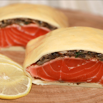 Carolina Gourmet - Seared Antartic salmon filet, coated with sauteed mushrooms and wrapped in puff pastry; served with lemon cream sauce. - Food Delivery Services Near Me - Mooresville, North Carolina Carolina Gourmet - Seared Antartic salmon filet, coated with sauteed mushrooms and wrapped in puff pastry; served with lemon cream sauce. - Food Delivery Services Near Me - Mooresville, North Carolina