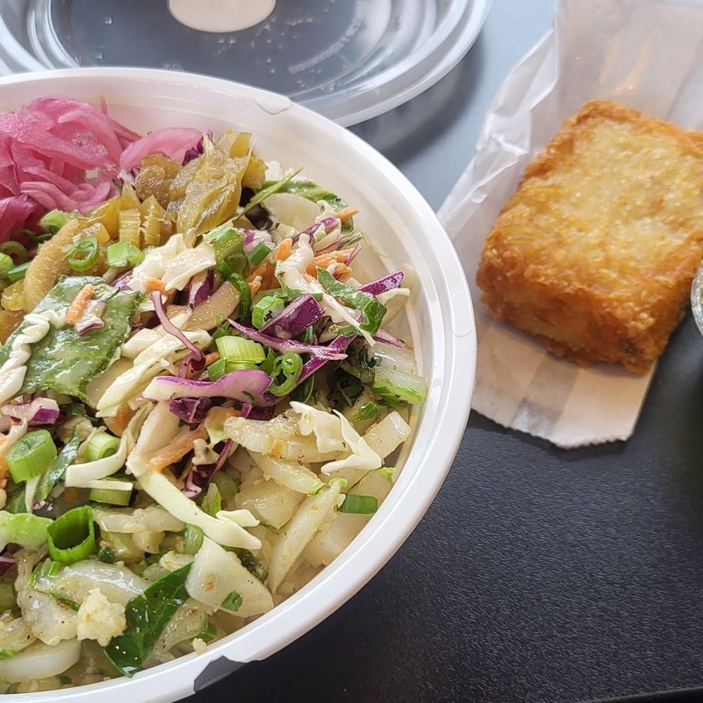 Char siu chicken bowl, fried congee. Char siu chicken bowl, fried congee.