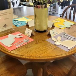 American Cancer Society Discovery Shop - Cute place setting on the four top table and chairs. This is the cleanest/organized thrift store ever! They always decorate nicely too.