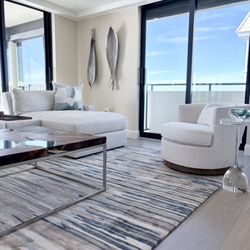 Jephrey Scott Designs - Sculpted wool area rug in shades of neutrals and coastal blues.