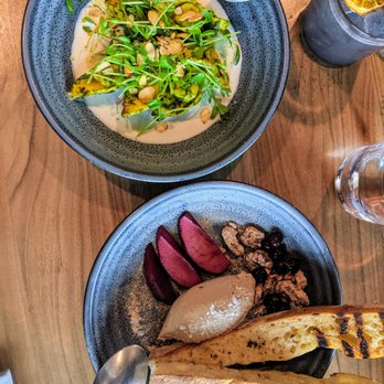 Aerlume - 05-24-2019 Sweet Pea & Goat Cheese Tortellini (top) and Chicken Liver Mousse - New American Near Me - Seattle, Washington Aerlume - 05-24-2019 Sweet Pea & Goat Cheese Tortellini (top) and Chicken Liver Mousse - New American Near Me - Seattle, Washington