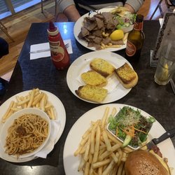 Lazy Moe's Maribyrnong - Beef burger, kids spaghetti and lamb kebab with garlic bread.