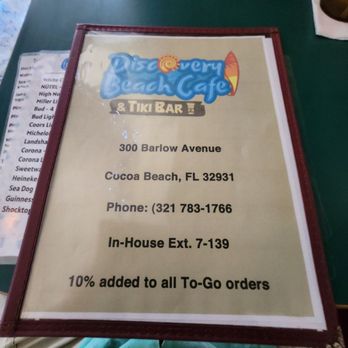Discovery Beach Cafe - Menu front - Tiki Bars Near Me - Cocoa Beach, Florida