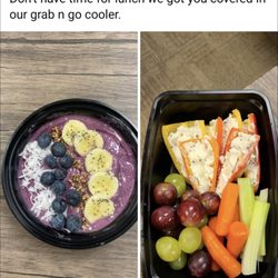 Knights Cafe - Our raspberry blueberry banana smoothie bowl. Next to our cream cheese stuffed peppers bowl.