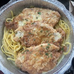 Chicken francese with a side of linguine Chicken francese with a side of linguine