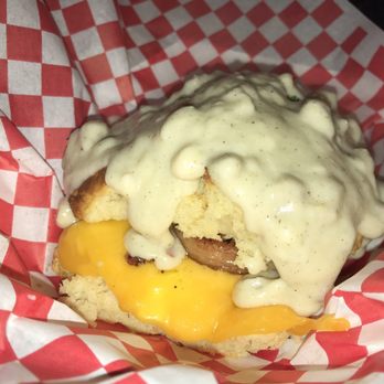Biscuit Bitch - Bitchwitch: biscuit sandwich with egg, cheese, your choice of meet (we chose spam), and their bomb gravy! - Breakfast & Brunch Near Me - Seattle, Washington Biscuit Bitch - Bitchwitch: biscuit sandwich with egg, cheese, your choice of meet (we chose spam), and their bomb gravy! - Breakfast & Brunch Near Me - Seattle, Washington