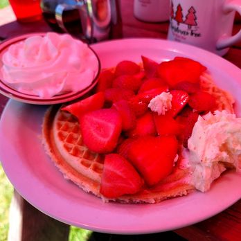 Red Hut Cafe Nevada - Strawberry waffle with whip cream on the side on 7/23/22 - American Near Me - Stateline, Nevada Red Hut Cafe Nevada - Strawberry waffle with whip cream on the side on 7/23/22 - American Near Me - Stateline, Nevada