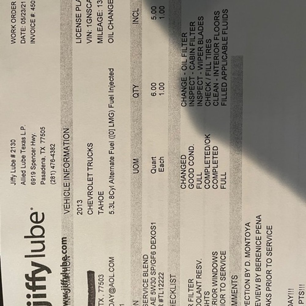 Monument Chevrolet - As it clearly shows - Jiffy Lube confirms no oil prior to service. - Auto Repair Near Me - Pasadena, Texas Monument Chevrolet - As it clearly shows - Jiffy Lube confirms no oil prior to service. - Auto Repair Near Me - Pasadena, Texas