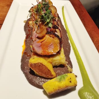 Different Pointe of View - Seared Aleppo Chili Crusted Pork Tenderloin (Crispy White Corn Polenta, Baby Squash, Black Bean Parmesan Puree, Jalapeño Honey Glaze) - New American Near Me - Phoenix, Arizona