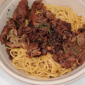 Nguyen's Kitchen - A closer look at the Garlic Noodles with Pork. - Asian Fusion Near Me - Carson, California
