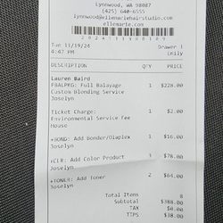 Elle Marie Hair Studio - Lynnwood - Itemized receipt. They overcharged me to correct their mistakes