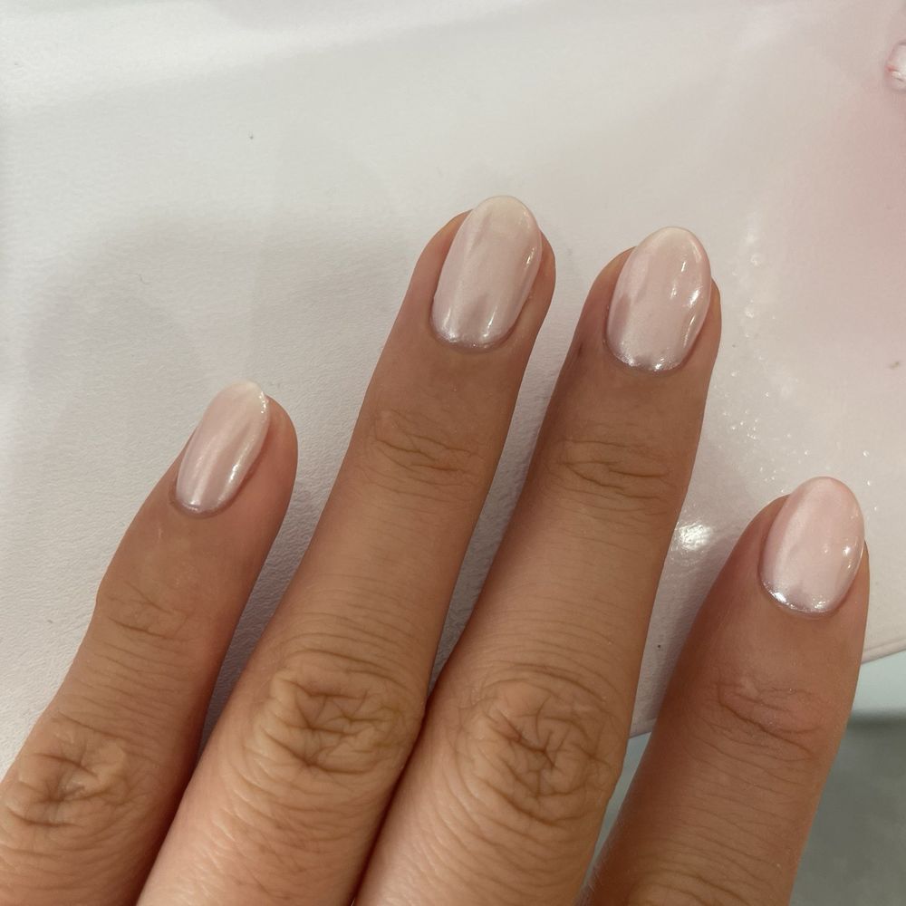 Wild Orchids - chrome gel set ; two coats funny bunny + one coat bubble bath + chrome finish - Nail Salons Near Me - Westwood, Massachusetts