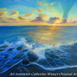 Omega Arts - Art Instructor Catherine Wang's original artwork--oil on canvas "Golden Shore" 30" x 40"