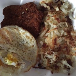 Undercooked hash browns over cooked over easy eggs and chicken fried steak with forgotten gravy!  wtf
