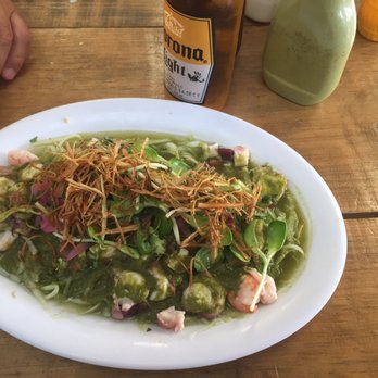 Los Aguachiles - Aguachile de aguacate with squid and shrimp. Good size for 2 but lacking flavor. - Seafood Near Me - Tulum, ROO Los Aguachiles - Aguachile de aguacate with squid and shrimp. Good size for 2 but lacking flavor. - Seafood Near Me - Tulum, ROO