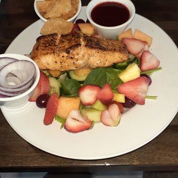 Maple Bacon Restaurant - Salad topped with Salmon with fruit and Walnut Vinegarette! - American Near Me - Plano, Texas Maple Bacon Restaurant - Salad topped with Salmon with fruit and Walnut Vinegarette! - American Near Me - Plano, Texas