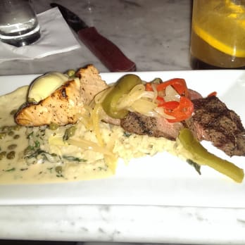 Hullabaloo - This evening's surf/turf(salmon/steak)special.Not too heavy, cooked just right and served over artichoke risotto.Yes, please. - Gastropubs Near Me - West Palm Beach, Florida Hullabaloo - This evening's surf/turf(salmon/steak)special.Not too heavy, cooked just right and served over artichoke risotto.Yes, please. - Gastropubs Near Me - West Palm Beach, Florida