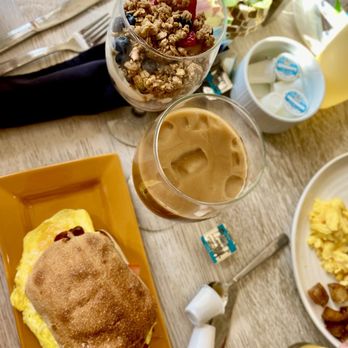 Coast 6450 - HGI Breakfast Sandwich + Greek Yogurt + Iced Vanilla Latte - Breakfast & Brunch Near Me - Carlsbad, California