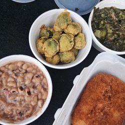 Murf's Homestyle Togo - Blackeyed peas, chicken fried Brussel sprouts, collard green, fried pork chop.