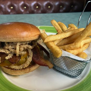 Abby's Restaurant & Bar - Burger with Bacon and crispy onions. Fries. - Seafood Near Me - Saugerties, New York Abby's Restaurant & Bar - Burger with Bacon and crispy onions. Fries. - Seafood Near Me - Saugerties, New York