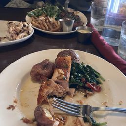Glazed Salmon with a spinach tomato mix and buttered smashed potatoes. Steak Frites Au Poivre. Glazed Salmon with a spinach tomato mix and buttered smashed potatoes. Steak Frites Au Poivre.